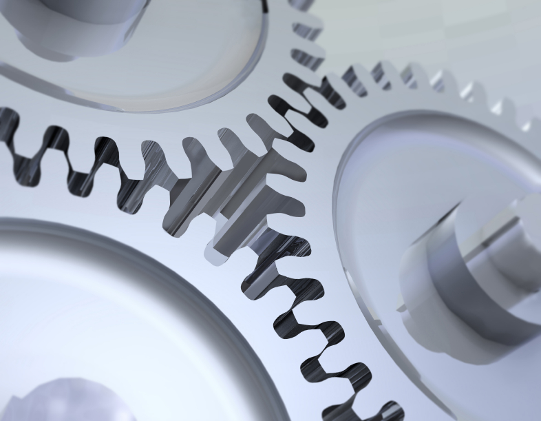 Three gears in action. Shallow dof, focus in the theeth that make contact. Metaphorical illustration of Industrial workforce, business worflow, teamwork cooperation, energy, transmition,  motor